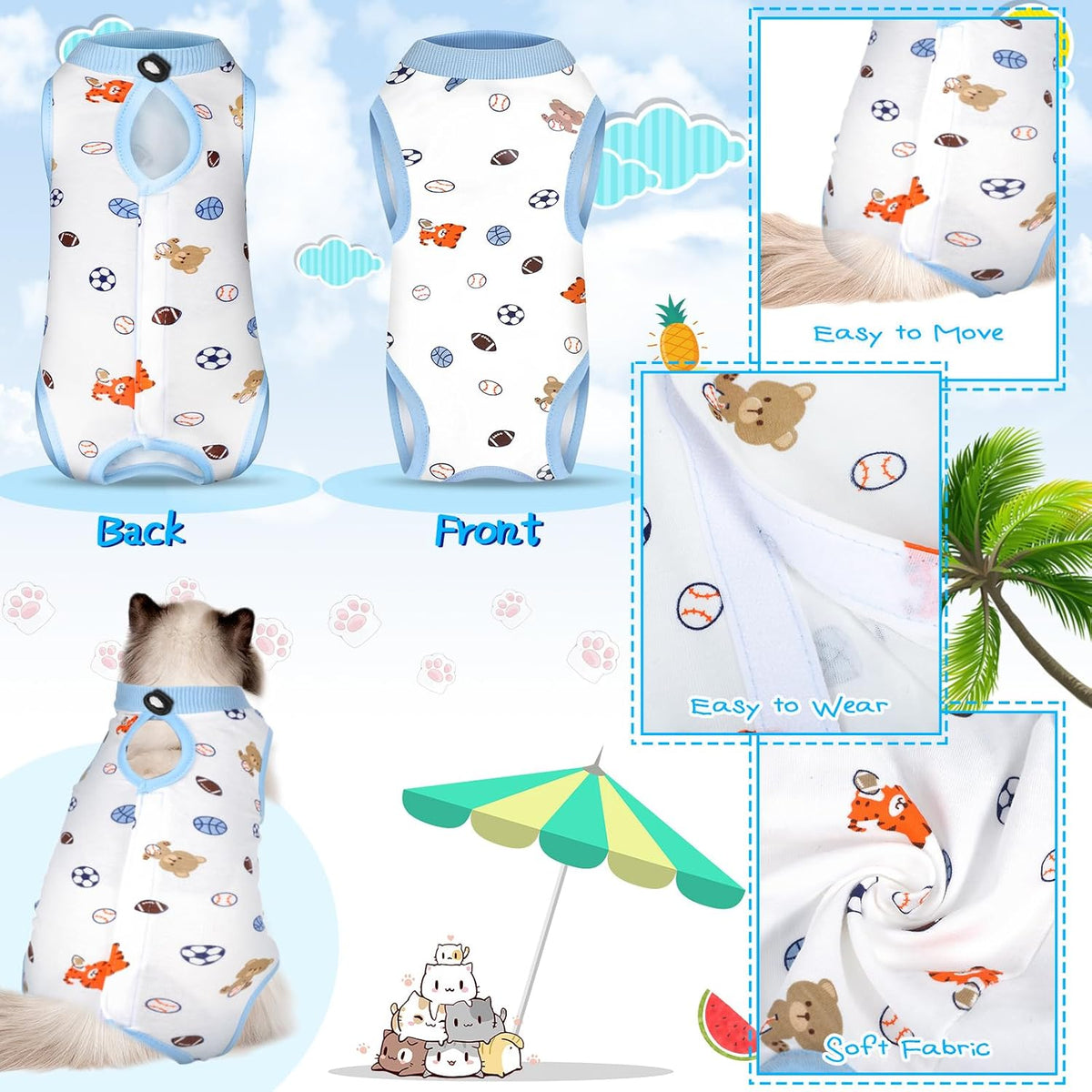 Kacctyen 6-piece cat recovery suit set in fruits print, medium, 100% cotton - view 3