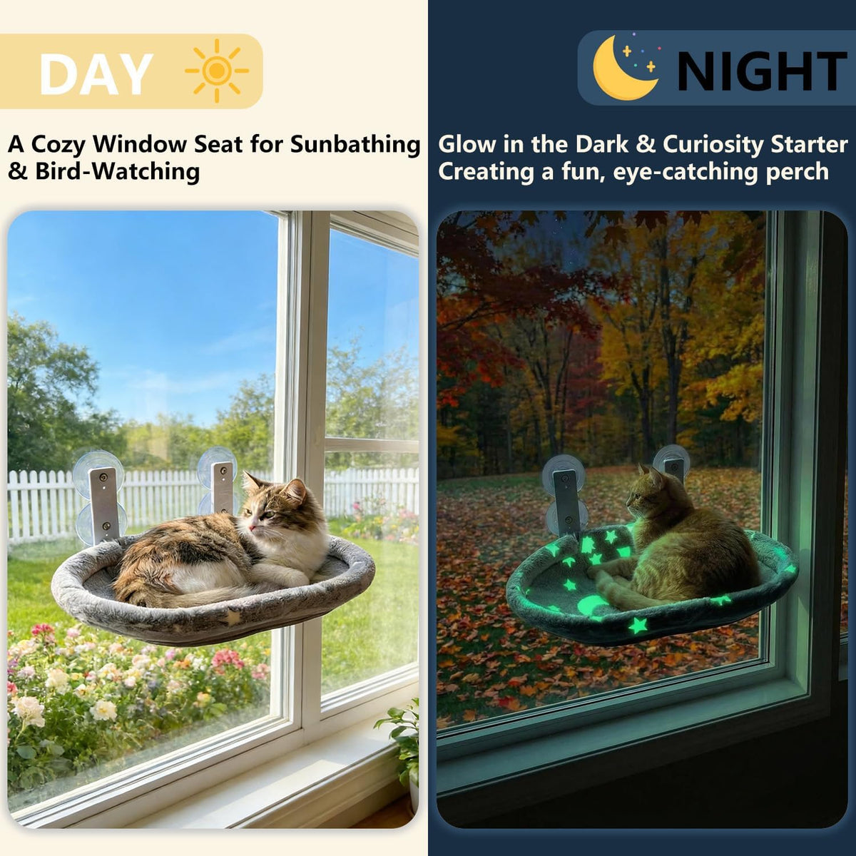 Cat Window Perch Hammock - Glow in the Dark Cordless Foldable Pet Bed with Sturdy Metal Frame - Grey - image 2