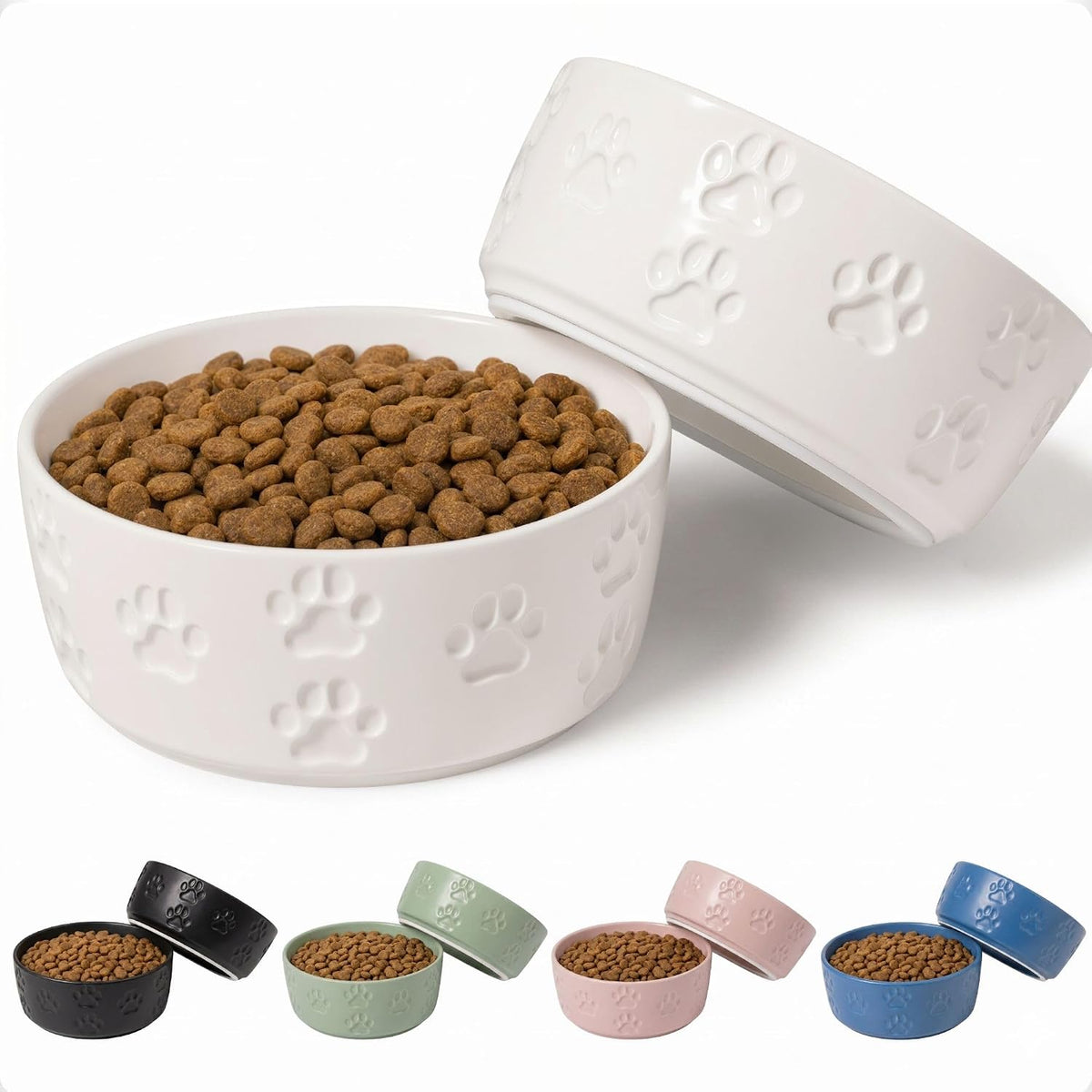Ceramic Dog Bowl Set of 2 with Anti-Skid Base, 5.5"W x 2"H - Small / White