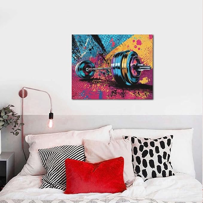 Gym Wall Art Weightlifting Fitness Canvas Wall Decor Barbell Sports Training Pictures Painting Banksy Street Graffiti Print Artwork Framed Decorations Gifts for Sports Lovers Gym Living Room Bedroom 16"x20"
