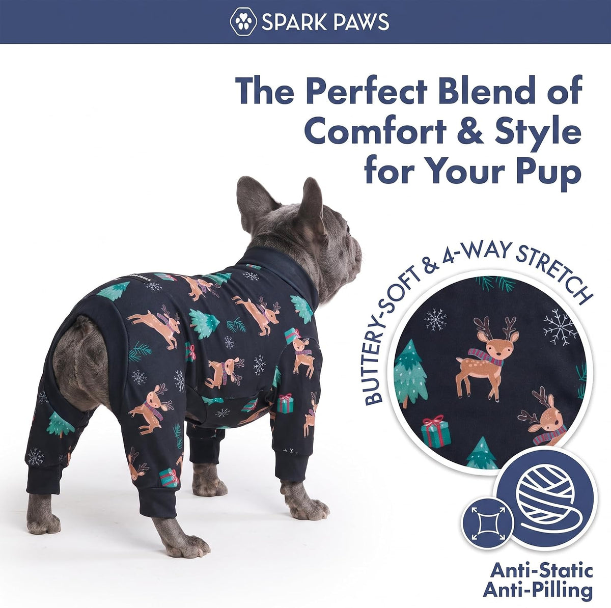 Spark Paws Dog Pajamas - Stretch Onesie Recovery Full Leg Surgery Suit PJS – Essentials for Dogs - Reindeers / Large - image 2