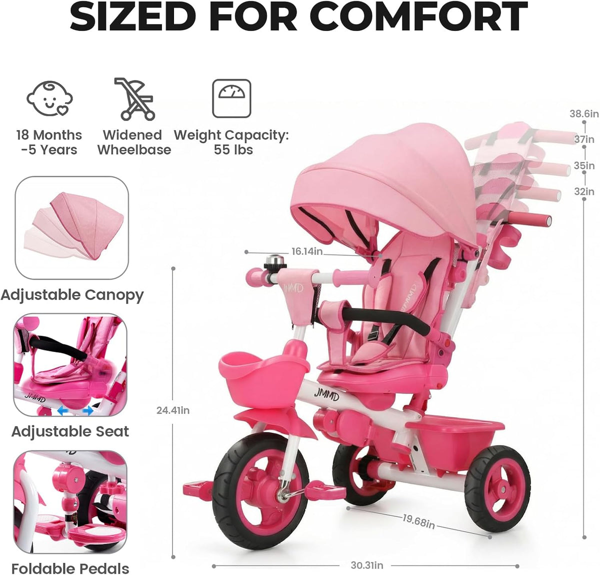 JMMD 7 in 1 Toddler Tricycle with Push Handle Trike Stroller for 1-5 - Pink - image 3