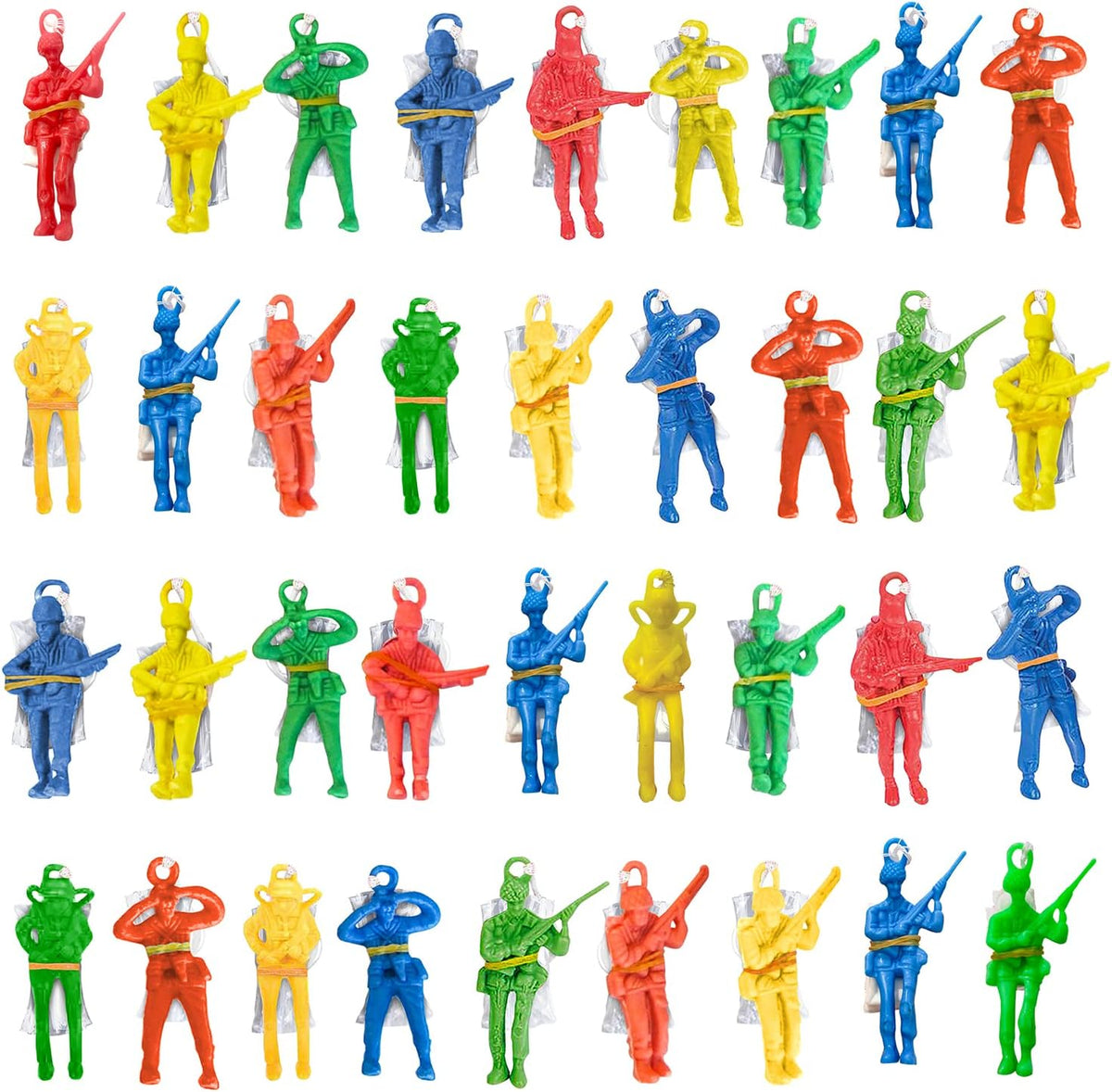 ArtCreativity army parachute toys 36 pack, 2.5 inch vinyl parachute men in red, green, yellow and blue