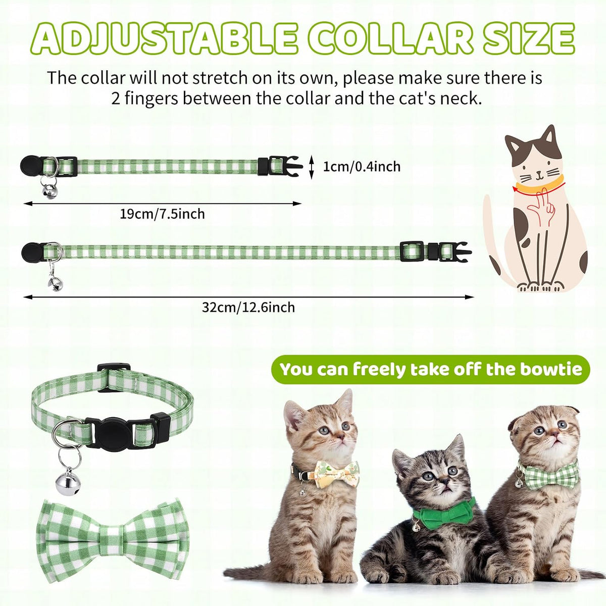 Set of 6 plaid cotton cat collars with removable bow tie and bell - view 4