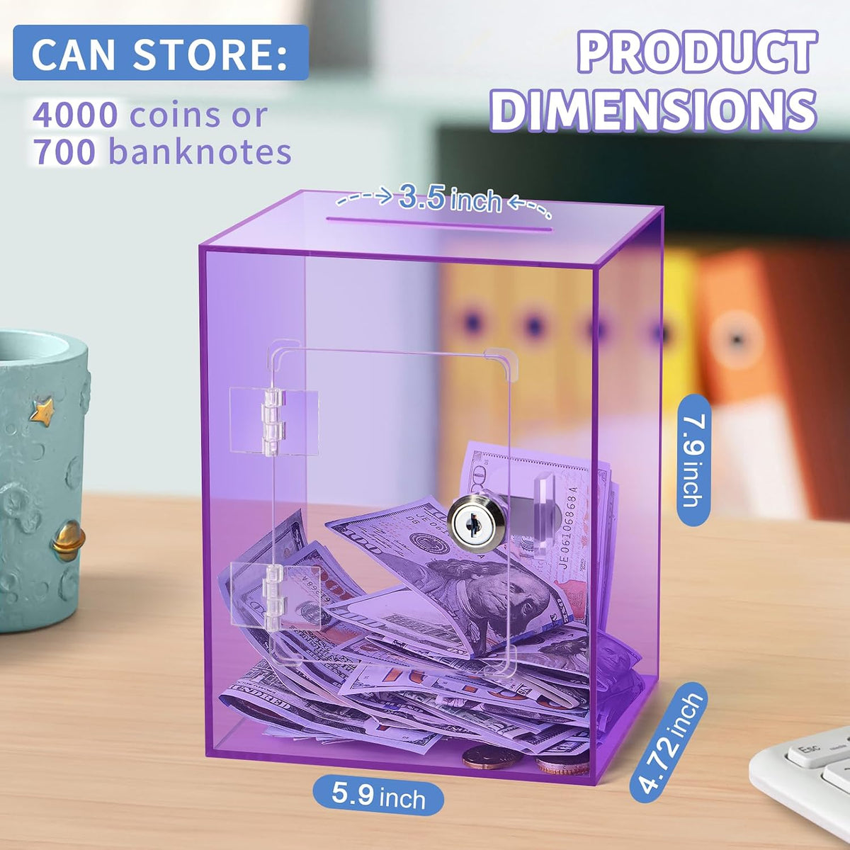 Clear Pink Piggy Bank with Lock & Key for Adults - Purple - image 2