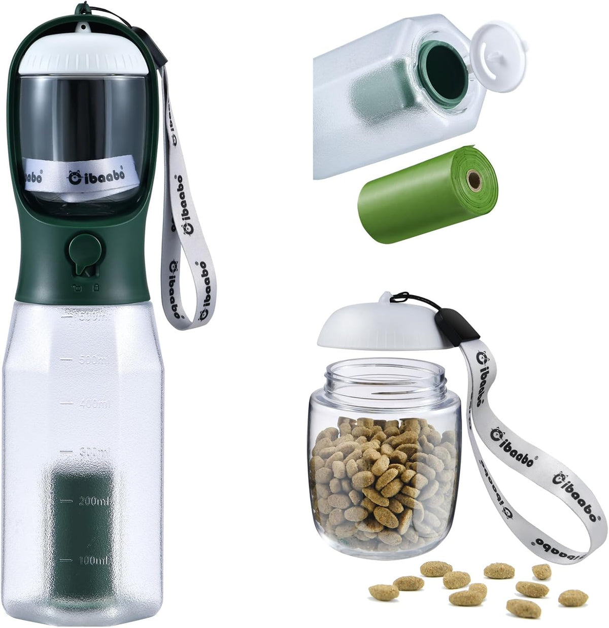 Dog Water Bottle with Food Container & Poop Bag Holder & Filter – Essentials for Dogs - #07 Dark Green / 20oz