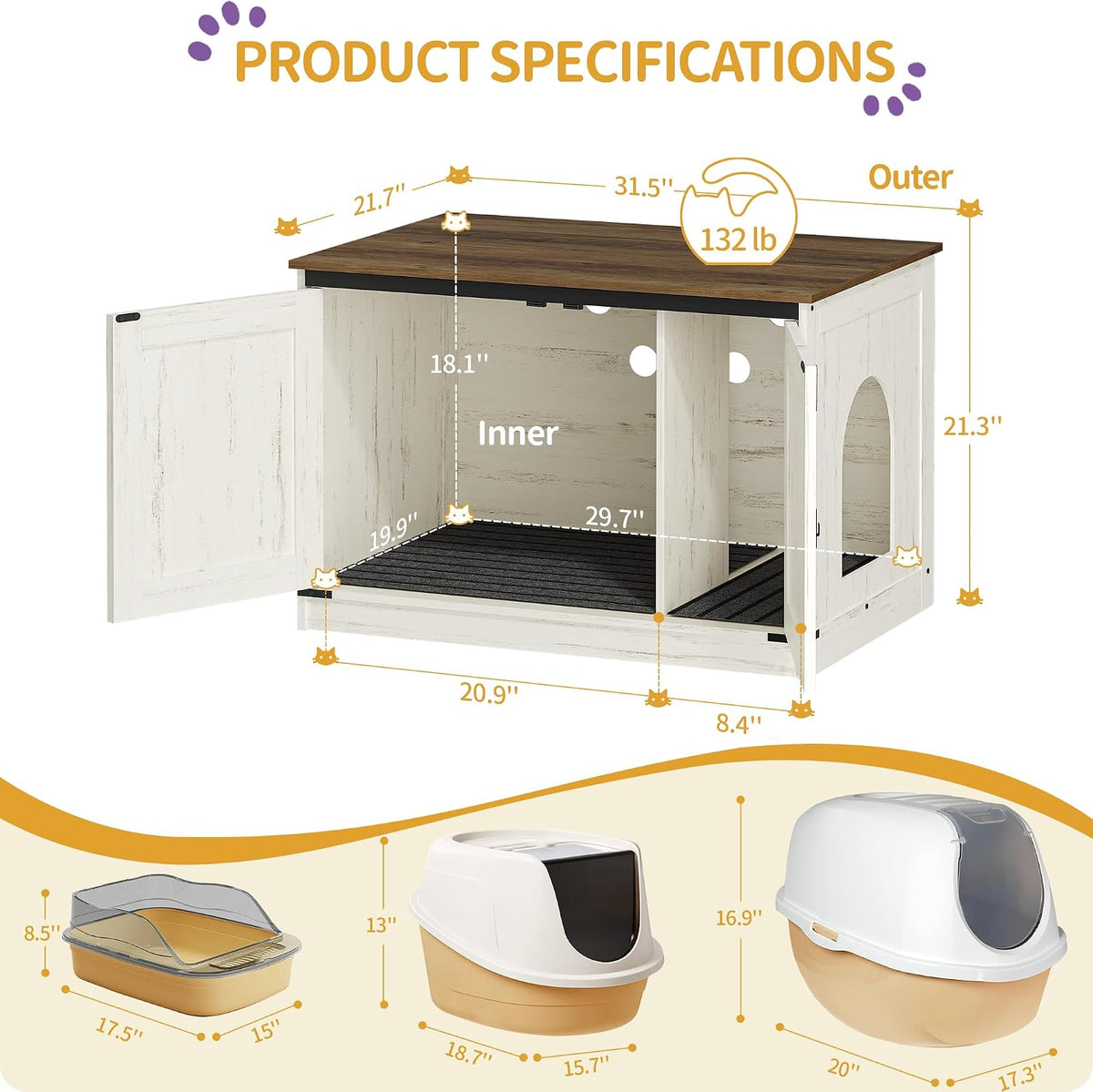 Hzuaneri Cat Litter Box Enclosure - Rustic White and Brown / 31.5"L x 21.7"W x 21.3"H - image 2