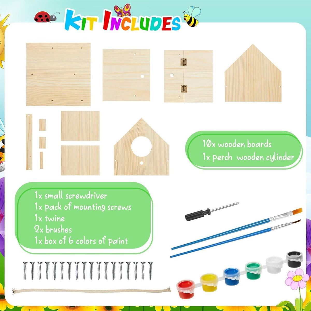 Liliful wooden DIY birdhouse kit for kids, 2 sets with paints and brushes - view 3