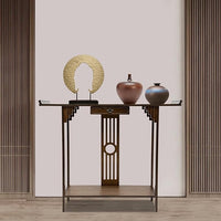 Console Table with Storage Shelves, 2 Tiers L 40.1” Narrow Sofa Table with Drawers, Bamboo Entryway Table for Small Spaces, Living Room Hallway Foyer Corridor Wood Entry Table
