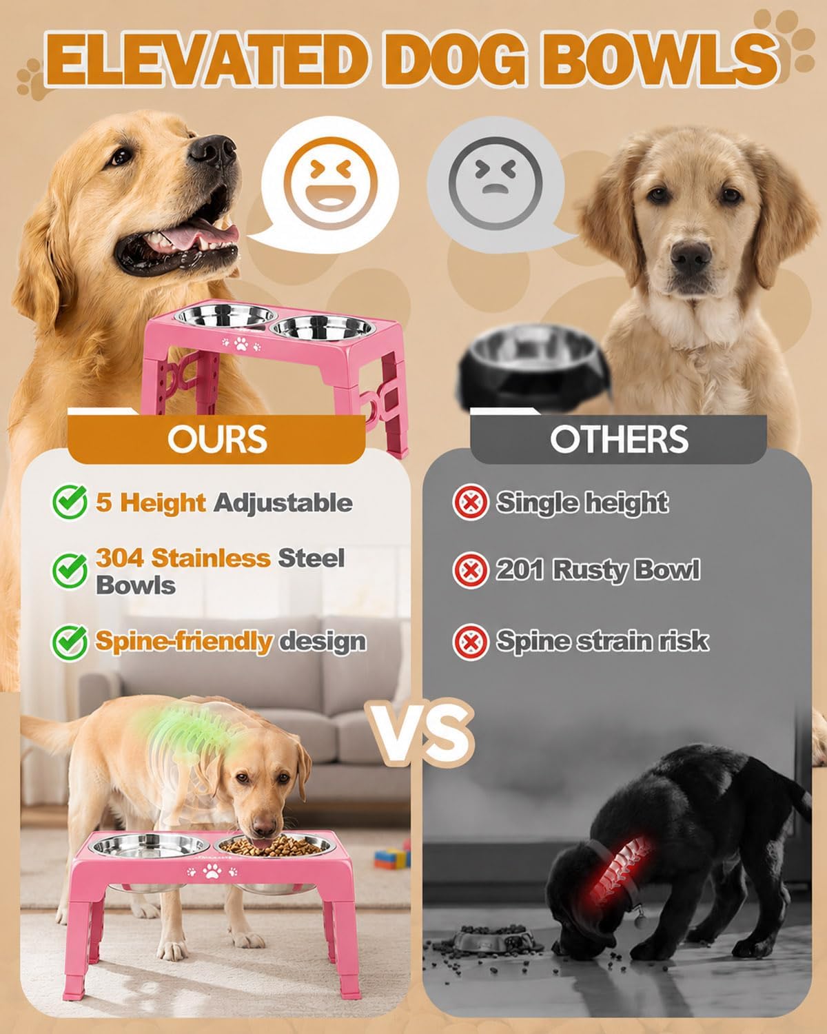 Elevated Dog Bowls for Medium Large Size Dogs - Pink / Medium Large / 2 Basic Bowls - image 3