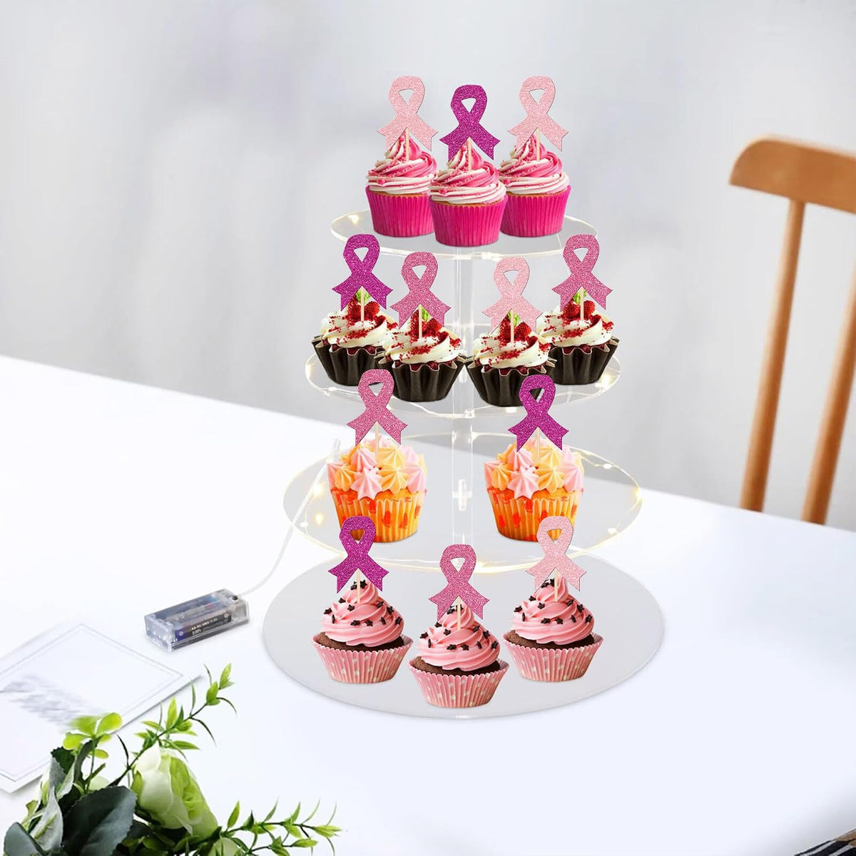 24 PCS Ribbon Breast Cancer Awareness Cupcake Toppers Glitter Pink - Design 5 Colorful - image 4