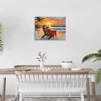 Beach Coastal Bathroom Pictures Wall Art, Seaside Ocean Bathroom Wall Decor, Sunrise Palm Framed Painting Canvas Artwork for Bedroom Living Room Decorations 20"L x 16"W