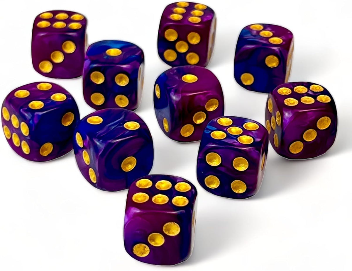 Luck Lab 10 Pack 16mm D6 Acrylic Dice Set - Blue and Purple Swirl With Gold Pips - image 2