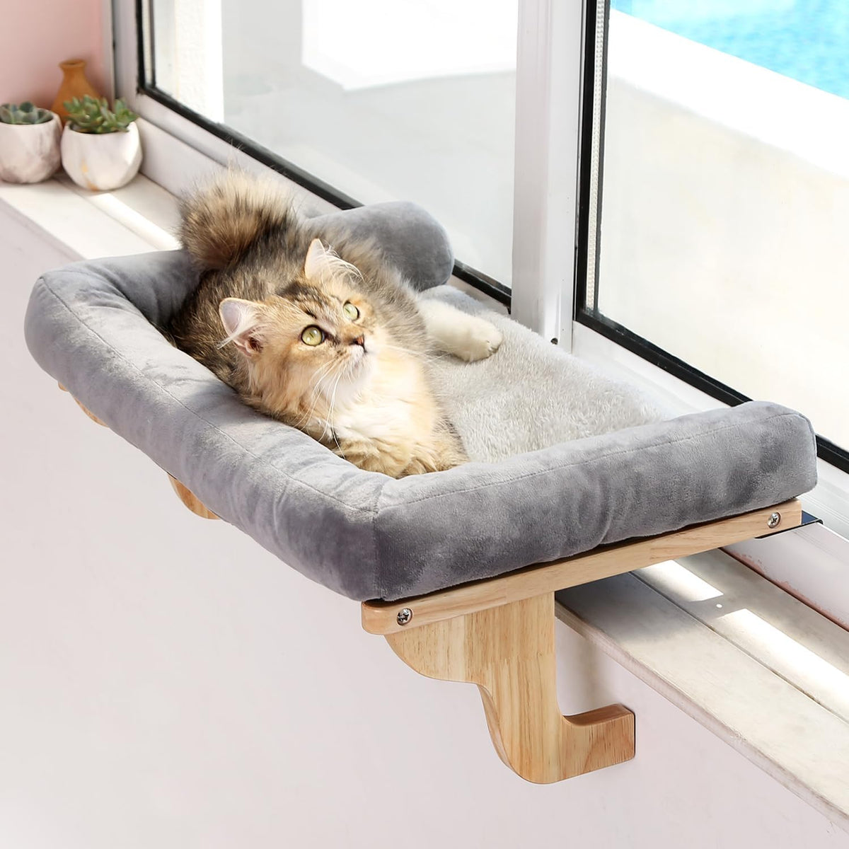 Zakkart Cat Perch for Windowsill with Bolsters – Essentials for Cats - Natural Color Wood with Gray Bed / 24''L x 15''W