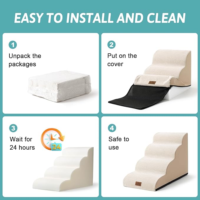 Dog Stairs for Small Dogs 11.8" H, Pet Step with Leakproof Cover, High Density Foam Cat Ramp for Chair or Sofa, Lightweight, Durable, Comfort, 15.7x19.7x11.8 inch, 2 Tiers, Beige