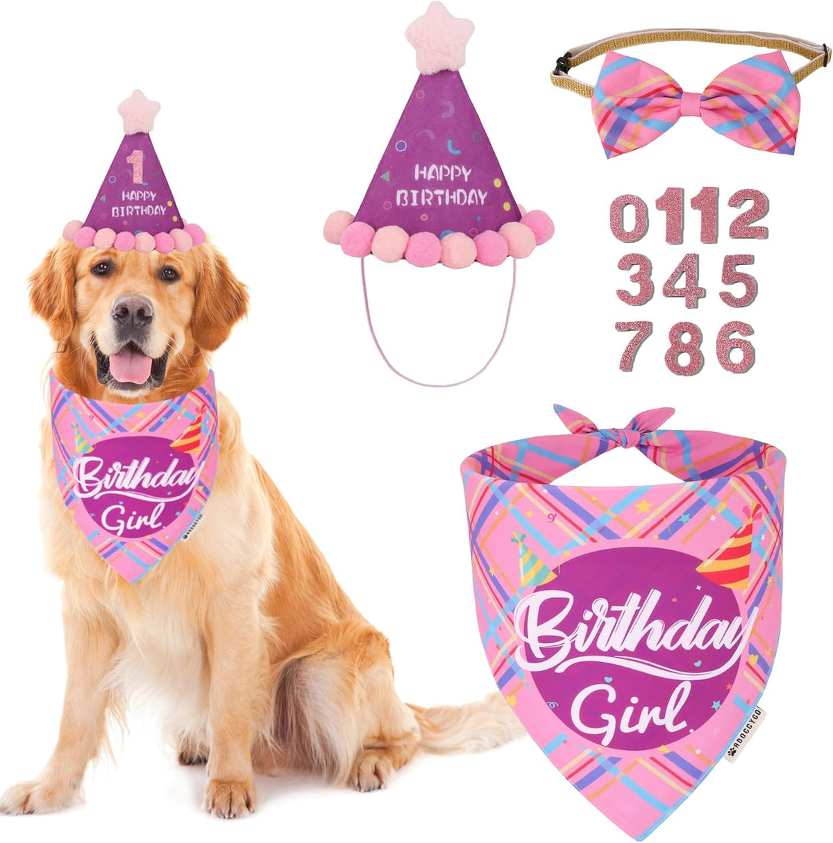 Dog Birthday Hat Bandana Set, Blue Plaid Boy Dog Bandana - X-Large / Pink Violet Girl