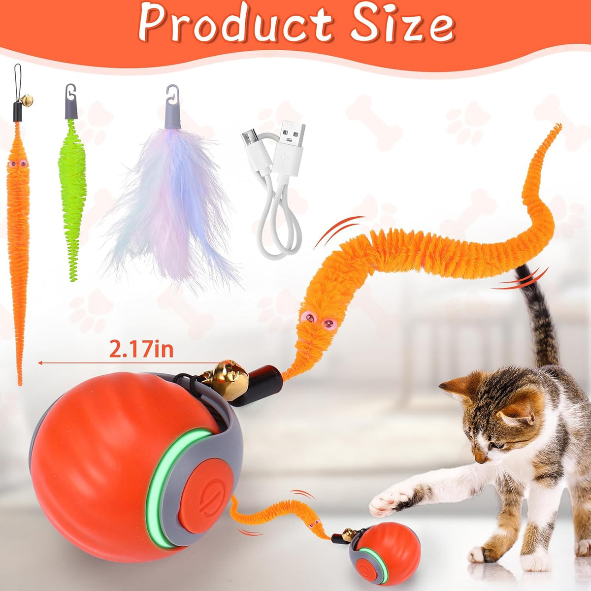 Interactive Cat Toy Ball - Automatic Interactive Cat Toys for Indoor Cats with 3 Tails, 2 Speeds - 1 Pack Orange - image 2