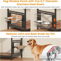 Dog Window Perch with 360° & Adjustable Raised Feeder, Pet Bunk Bed with Removable Stair and 2 Drawers, Elevated Platform Bed, Pet Elevated Seat with Cushion, Paw-Friendly Ladder