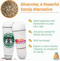 KittiBuzz 2-Pack Organic Silvervine Catnip Substitute Toys for Cats & Kittens | 100% All-Natural Wild Harvested Silvervine | 2 Refillable Coffe Cup Kicker Cat Toys