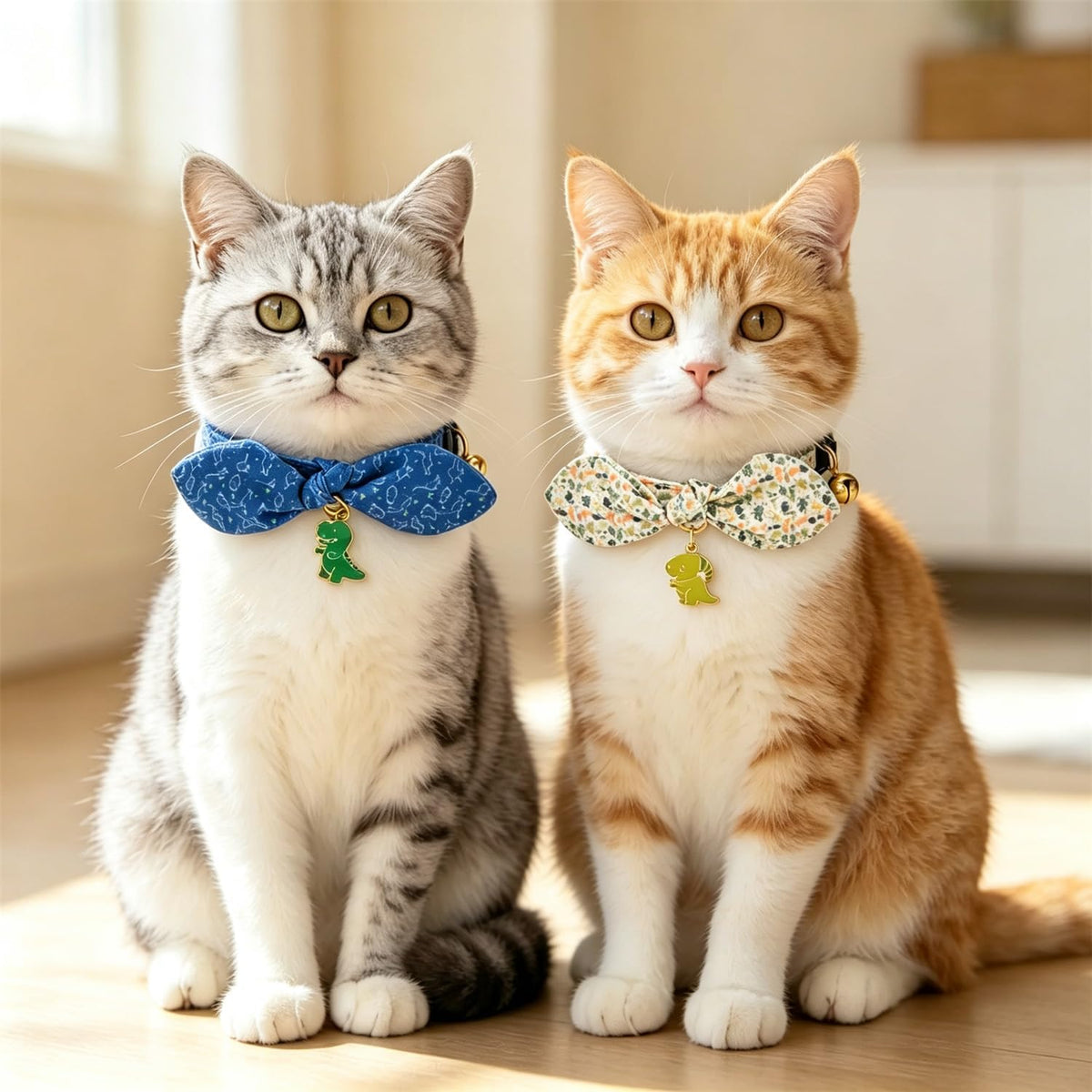 Cotton Bowtie Cat Collar with Bell 2 Pack Adjustable Breakaway Kitten - Dinosaur Set / 7.5-11.4 Inch (Pack of 2) - image 4