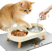 Elevated Cat Bowls with Food Mat - White