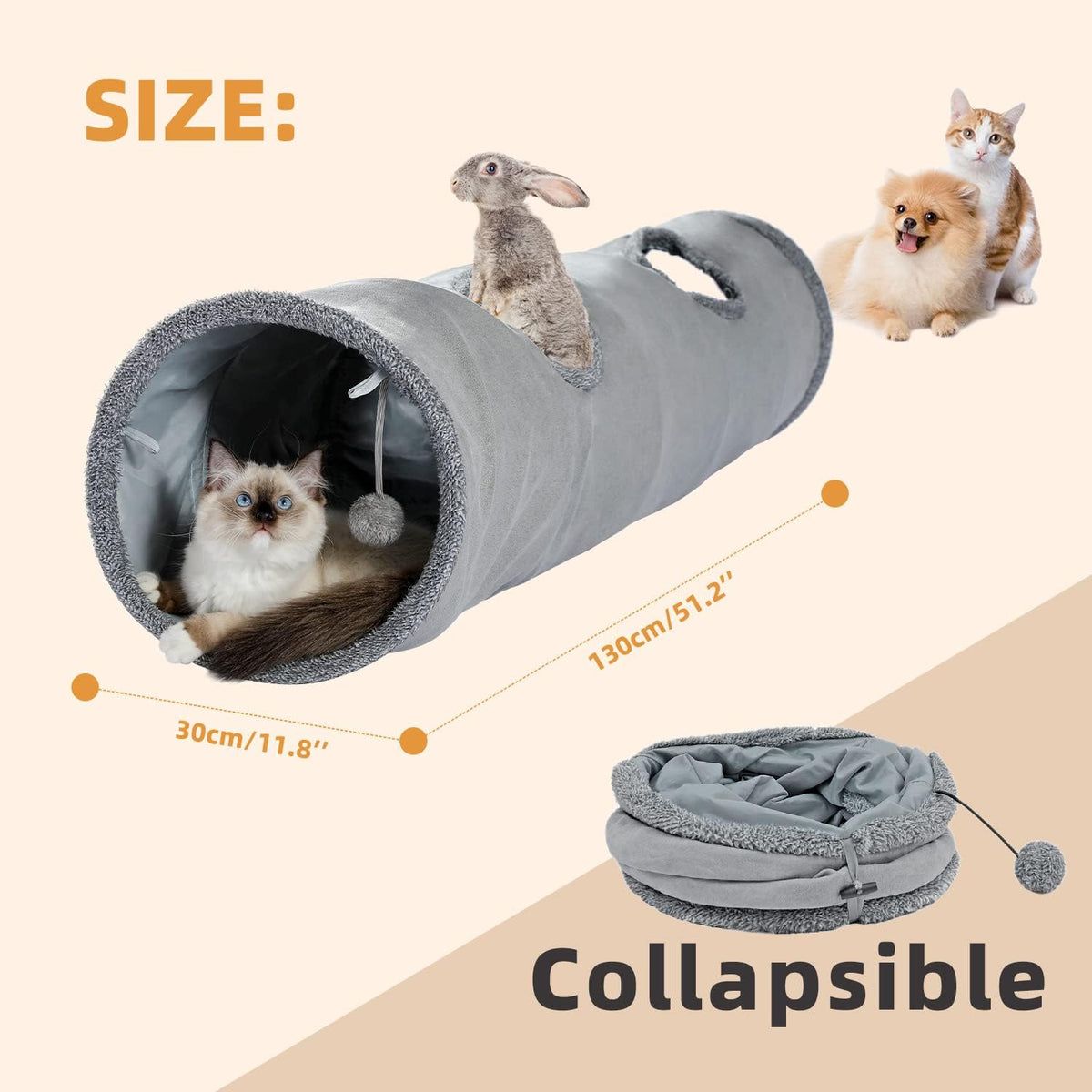 PAWZ Road Cat Tunnel 51 Inches Long Cat Toys Collapsible Tunnel - Suede / Large-51" - image 3