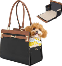 2-in-1 Stylish Dog Purse Carrier Travel Tote Bag for Small Dogs Cats - Black+Brown / 15" L x 7.5" W x 12.2" H