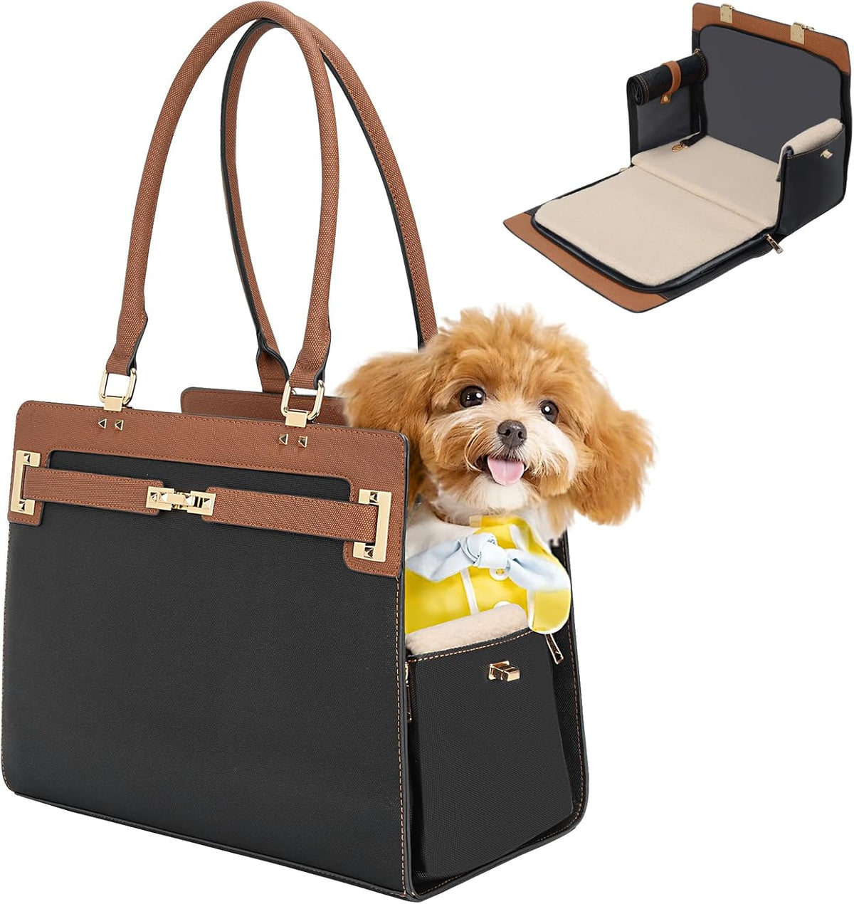 2-in-1 Stylish Dog Purse Carrier Travel Tote Bag for Small Dogs Cats - Black+Brown / 15" L x 7.5" W x 12.2" H