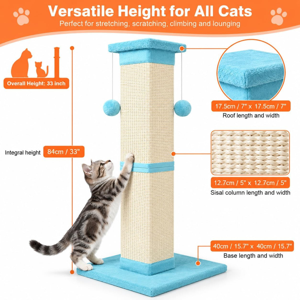 SOCATER Cat Scratching Post 33 Inch, Beige – Essentials for Cats - Cyan - image 2