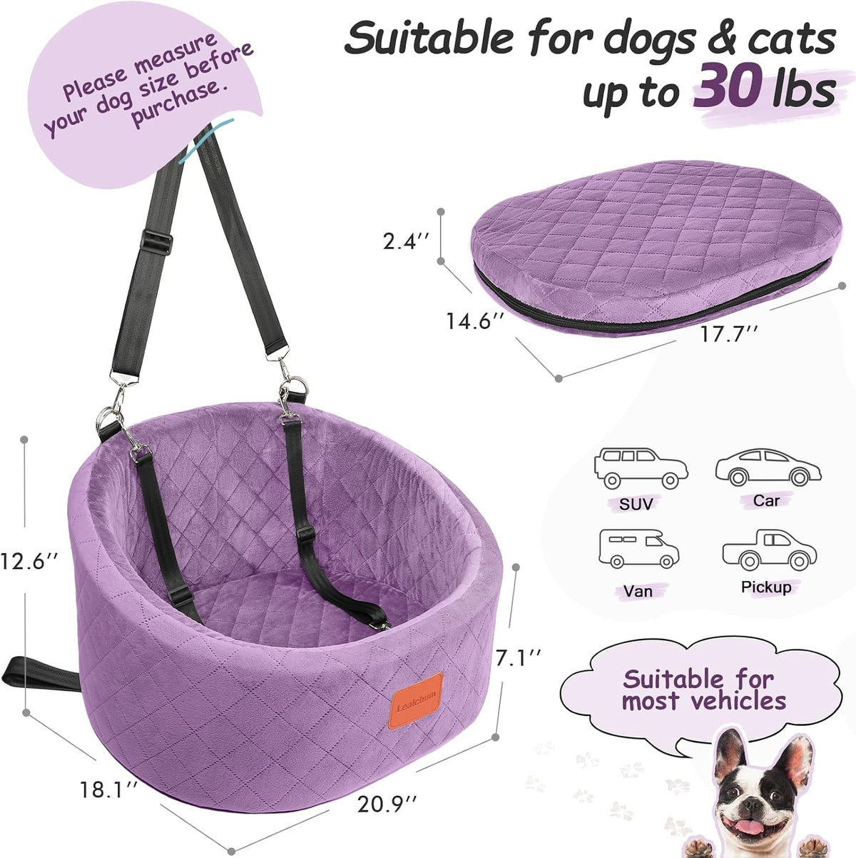 Lealchum Dog Car Seat for Small Dogs Up to 30 Lbs with 2 Safety Dog - Purple / Small - image 2