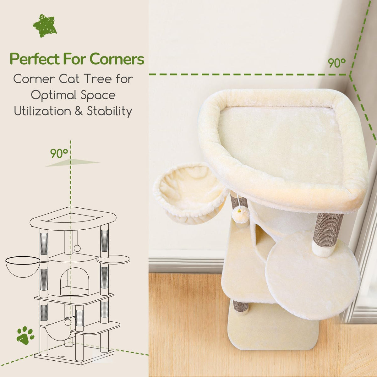 Globlazer Corner Stable Cat Tree Tower with Scratching Post, C51 - 51inch / Beige - image 2