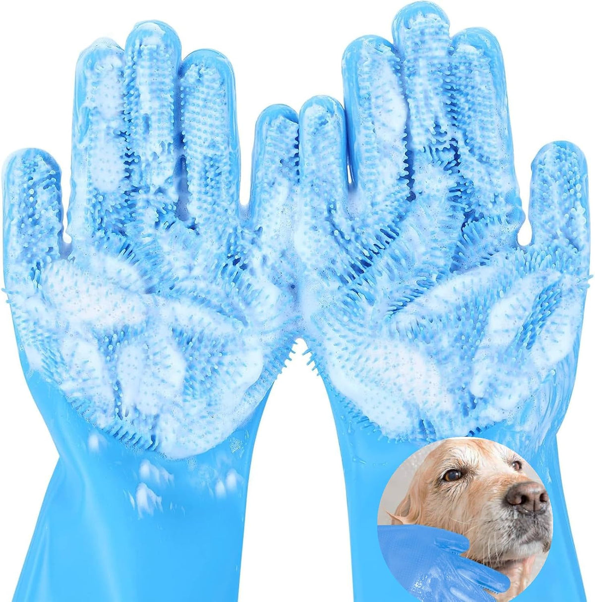 Pet Grooming Gloves, 5-Finger Silicone Dog Bath Scrubber with High-Density Teeth, Reusable Washing - Blue