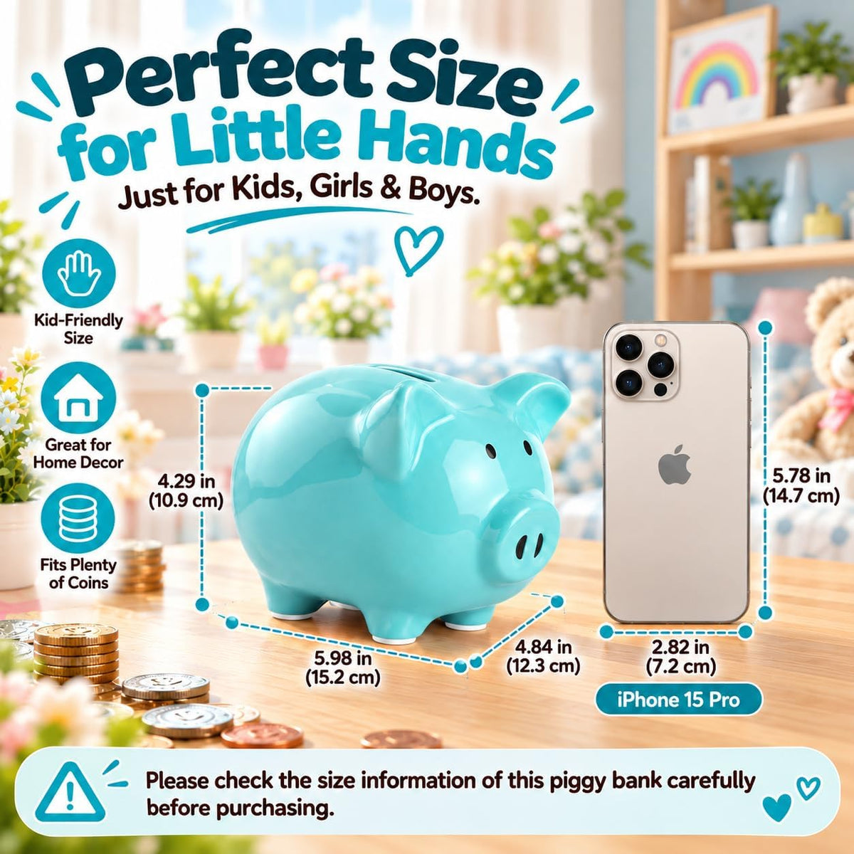 SOBEIT Piggy Bank for Kids Girls Boys, Glazed Ceramic Coin Bank - Style 1 Blue - image 4
