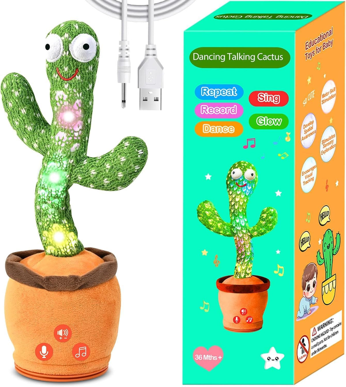 TWORIVER Adjustable Volume Dancing Talking Cactus Toy for Baby - Rechargeable-Green