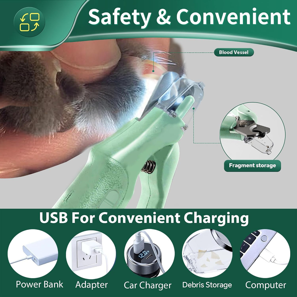 2-in-1 Cat & Dog Nail Clippers with Grinder and Dual LED Lights – Essentials for Dogs - Green 2 - image 2