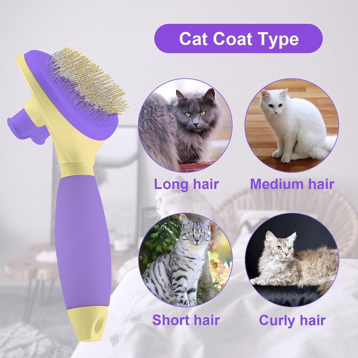 Cat Brush for Shedding, Self Cleaning Brush for Long & Short Hair Cats – Essentials for Cats - Purple - image 4
