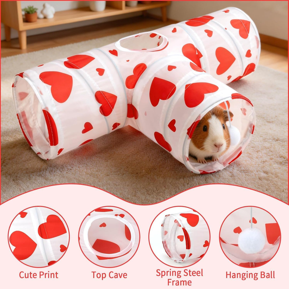 Guinea Pig Tunnel Hideout 3-Way Collapsible Small Pet Tubes - Heart - image 2