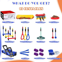 2x65 FT Ninja Warrior Obstacle Course for Kids with 13 Ninja Accessories - 600lbs Weight Capacity, Slackline with Swing Seat, Disc Swing, Ninja Wheel, Rope Ladder, Monkey Bar, Ninja Ring, Arm Trainer