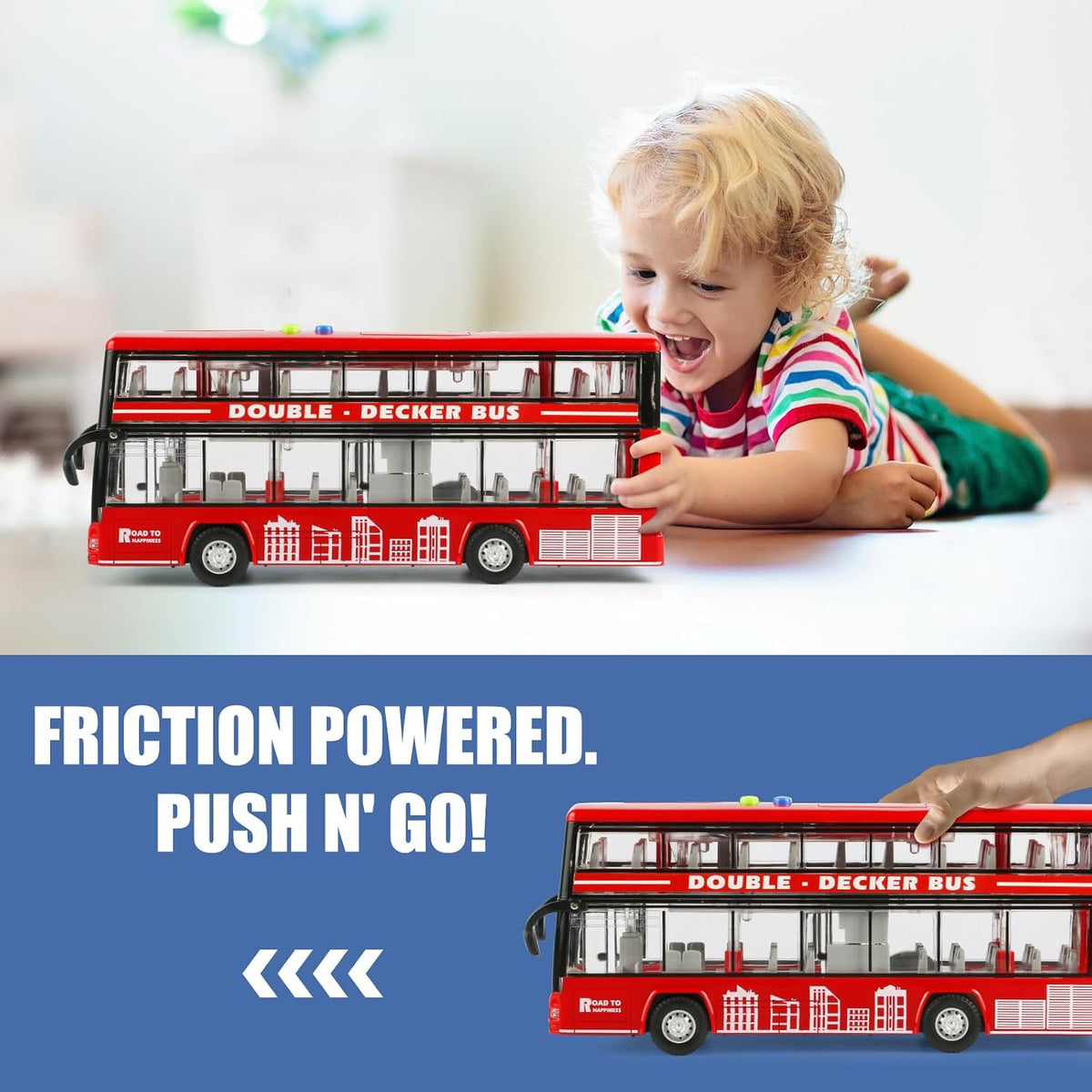 Cdymkf 11 inch blue double decker bus toy with LED lights and opening doors - view 4