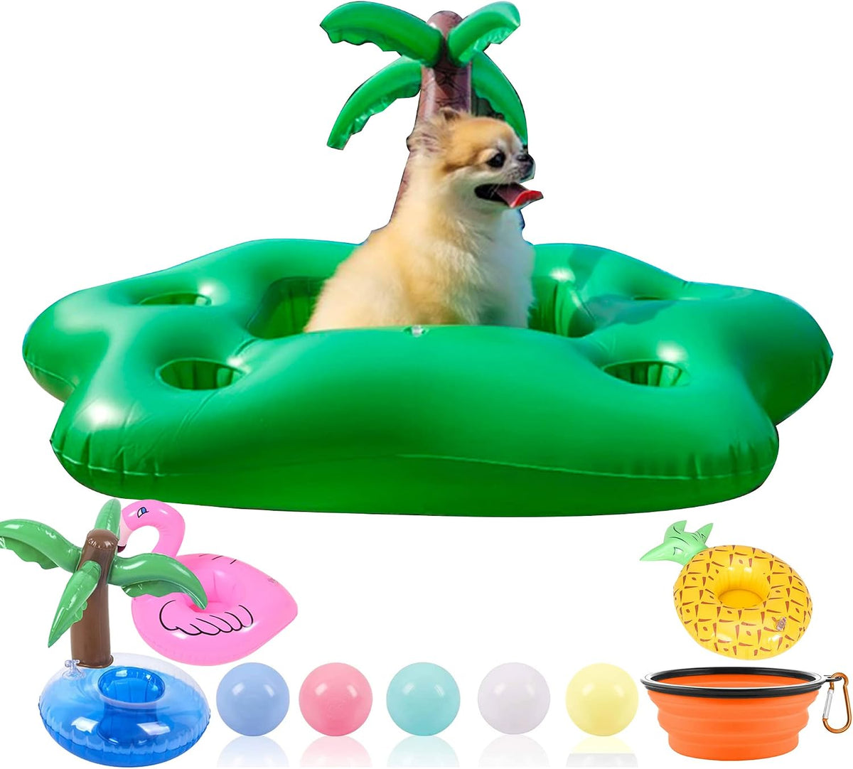 Dog Pool Floats Set, Dog Float Raft with Collapsible Dog Bowl - Green