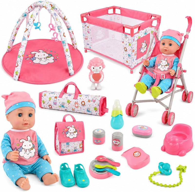 Liberty Imports baby doll stroller set with 14 inch talking doll, playpen, play mat and accessories
