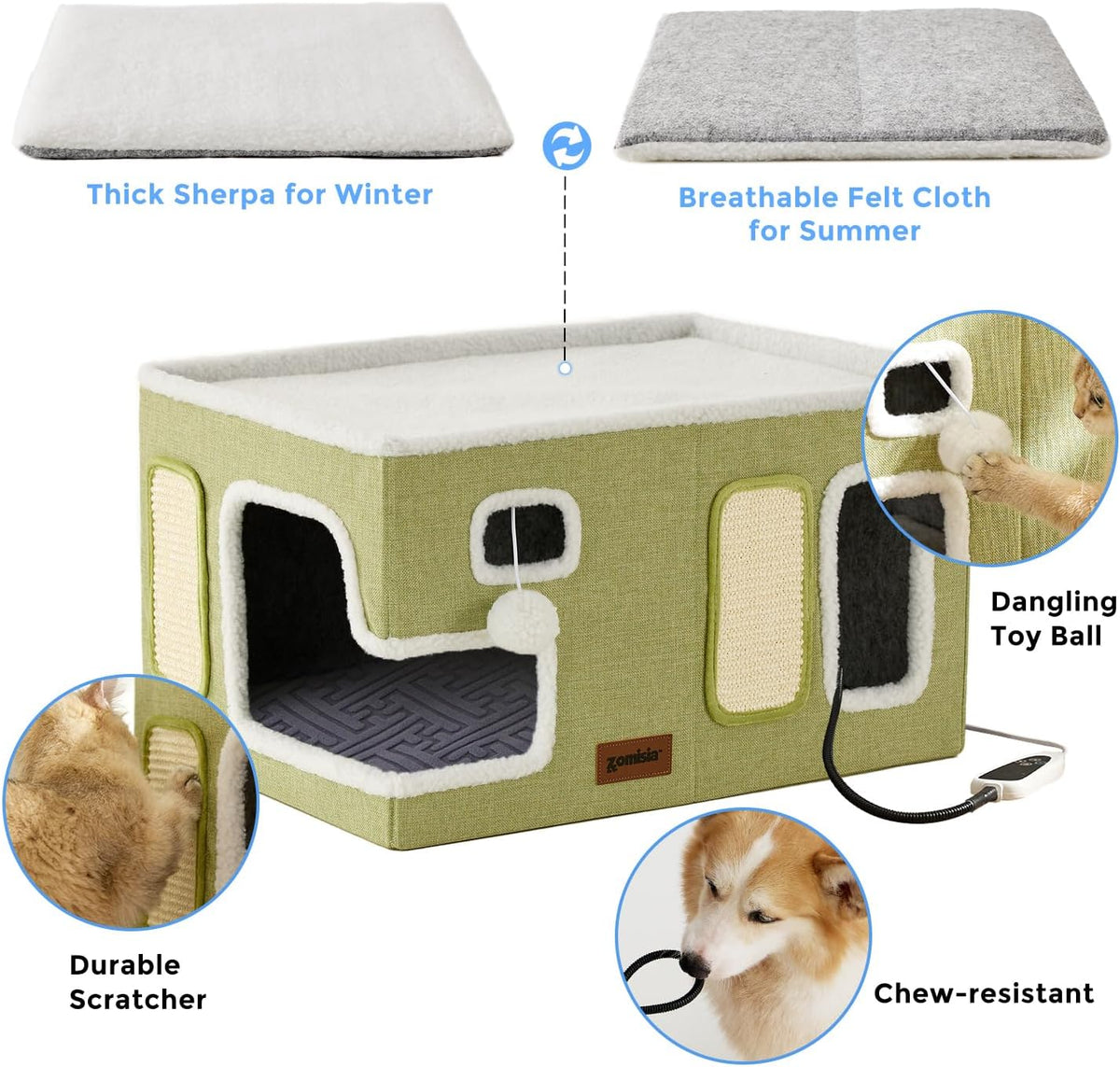 Heated Cat House Bed for Indoor Cats - Green / Extra Large / With Heating Pad - image 2