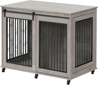 IchbinGo Large Dog Crate Furniture, 47" Wooden Dog Kennel with Sliding Barn Door, Flip-Top Lid & Wheels, Indoor Pet Crate Table with Detachable Divider for Small/Medium/Large Dogs (Rustic Grey)