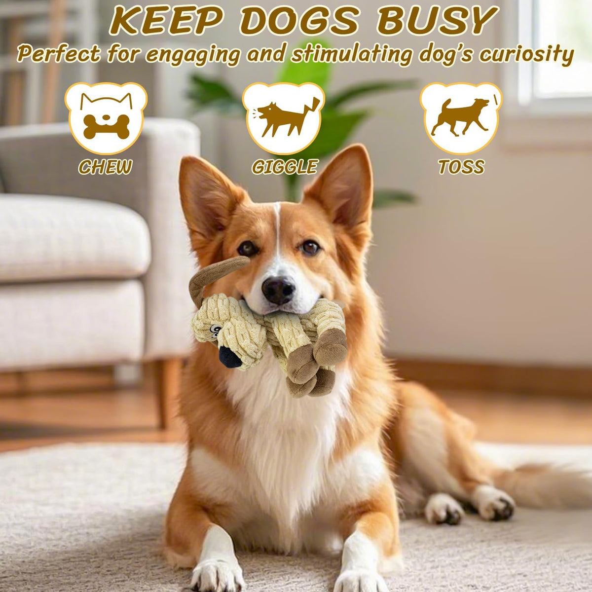 Squeaky Stuffed Dog Toys, Chew Dog for Large Medium Small Breeds – Essentials for Dogs - Khaki - image 4