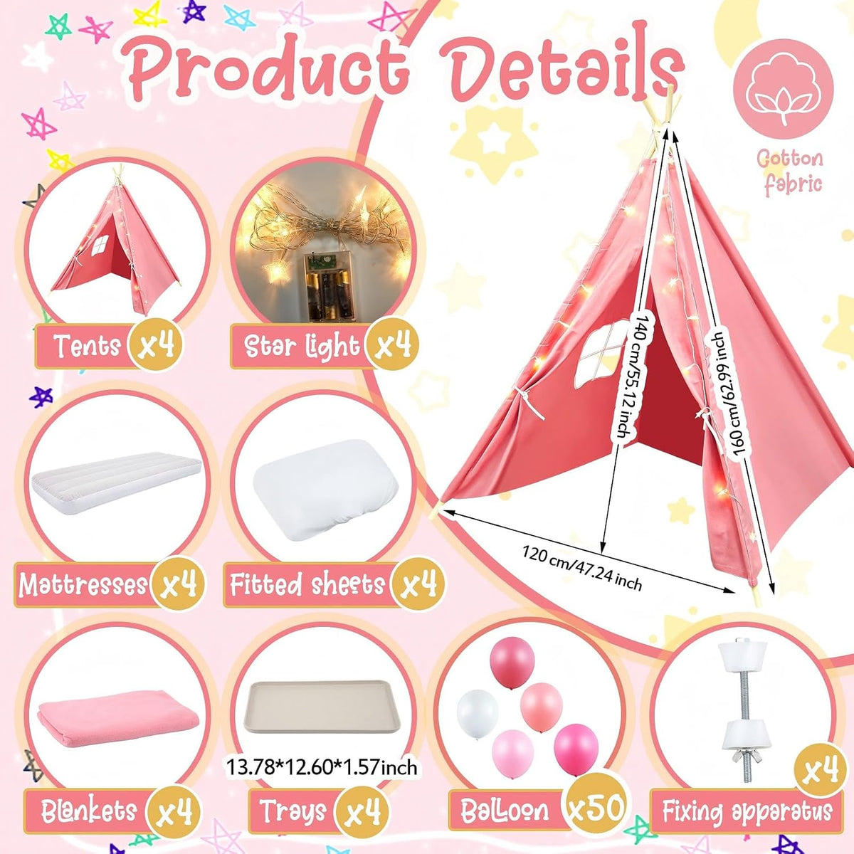 Windyun 4 pack kids sleepover teepee tents with air mattresses, blankets and star lights - view 14