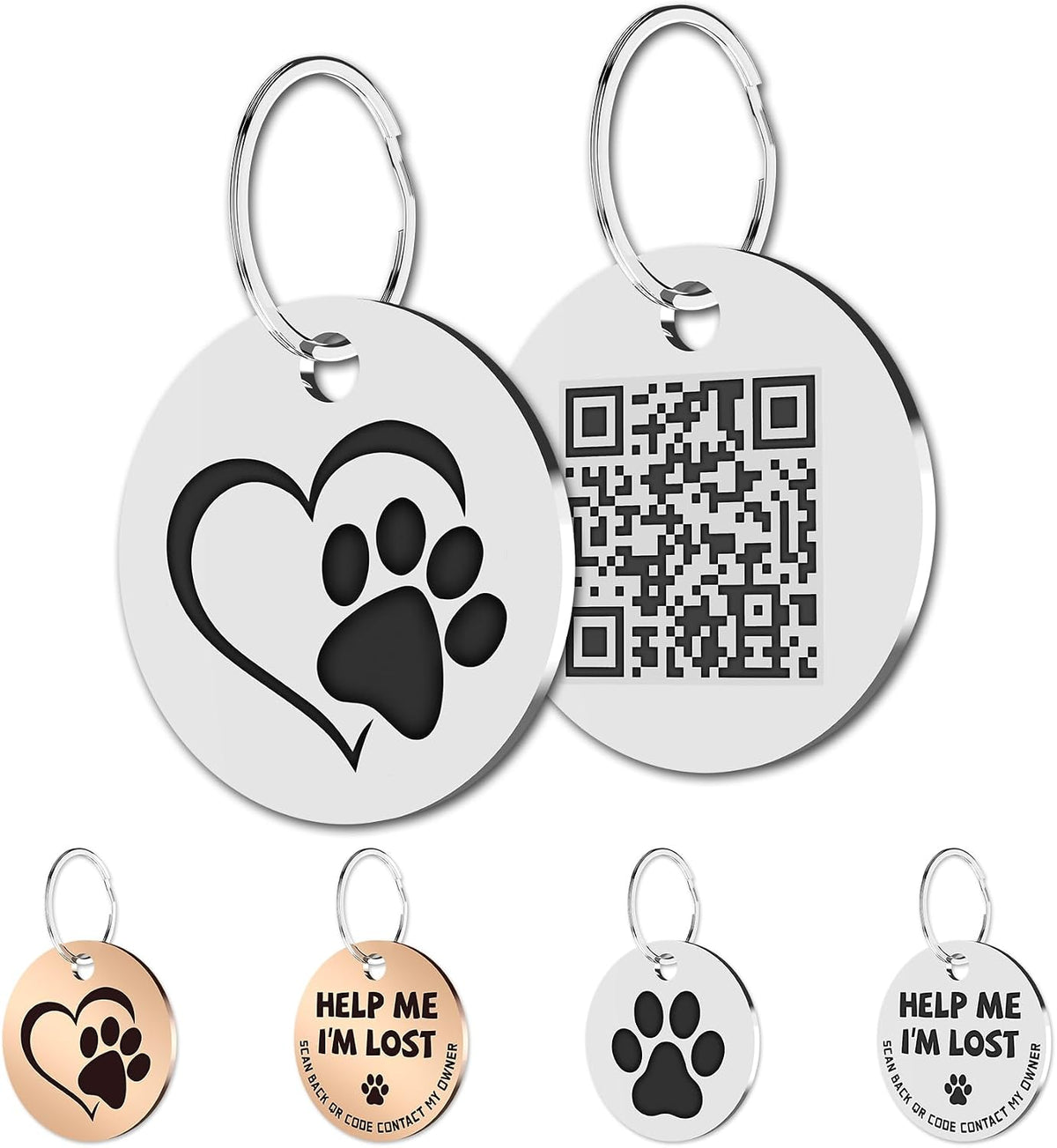 Stainless Steel QR Code Pet ID, Dog & Cat Tag, Online Profile - Heart&paw,silver
