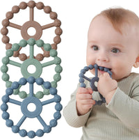 3 Pack Ring Teether Baby Infant Toys, Baby Essentials - Brown Green Blue