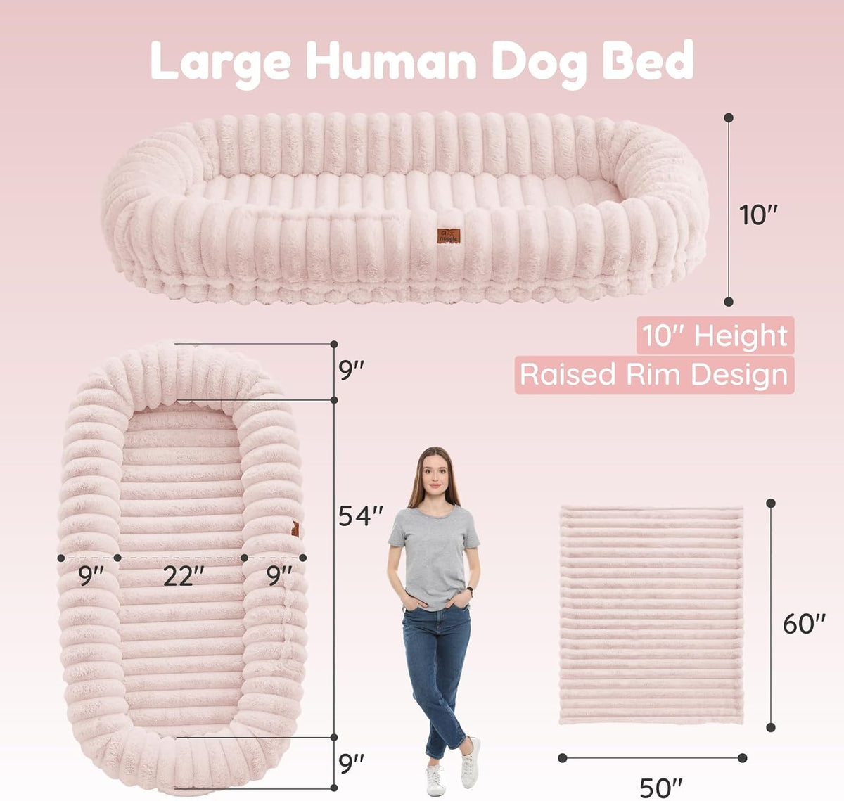 Orthopedic Human Dog Bed, with Faux Fur Washable Cover, Blanket - Pink / Human Dog Bed (72x40x10) - image 3
