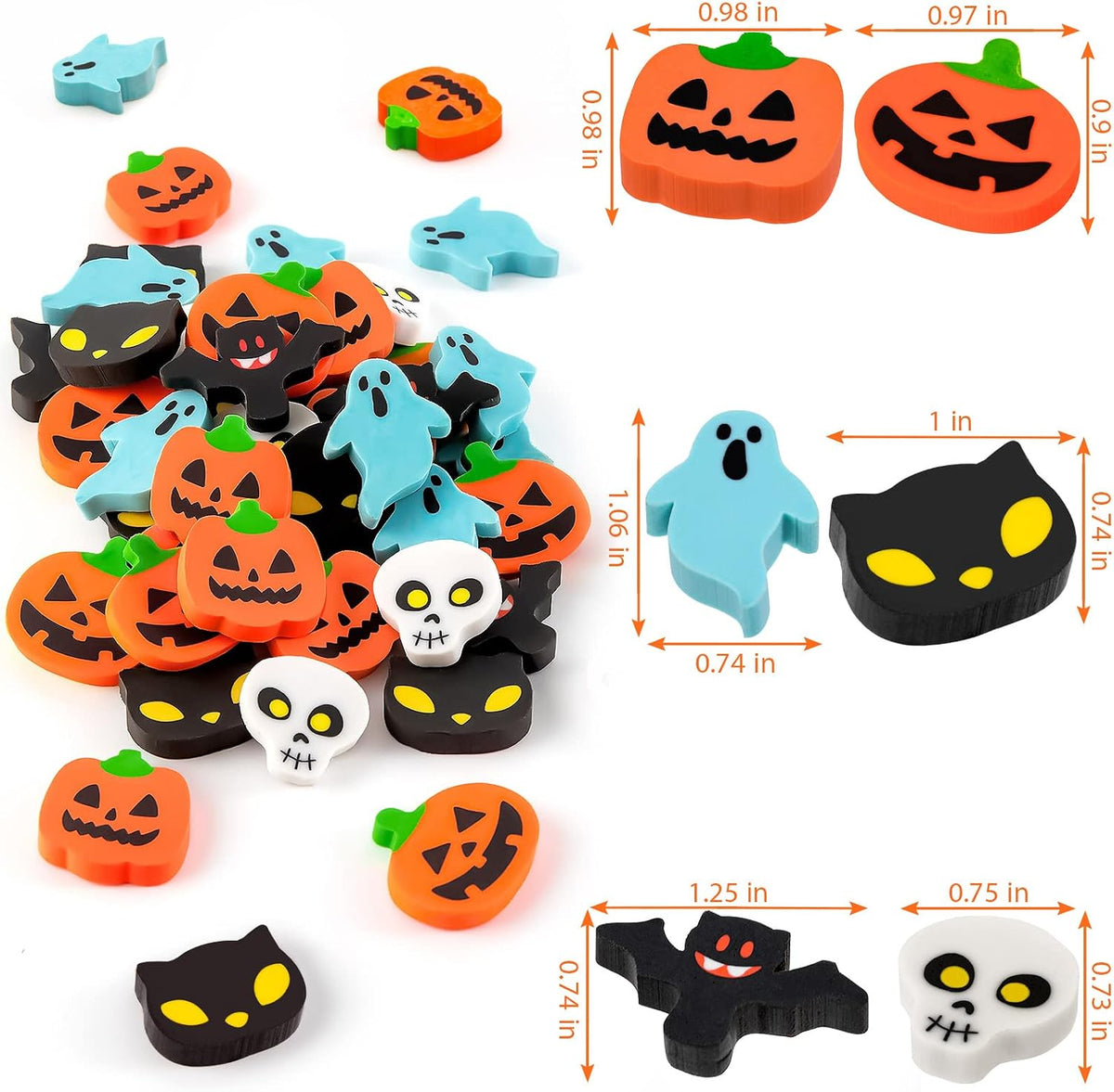 YGAOHF 60 mini Halloween erasers in pumpkin, ghost and bat shapes - view 6