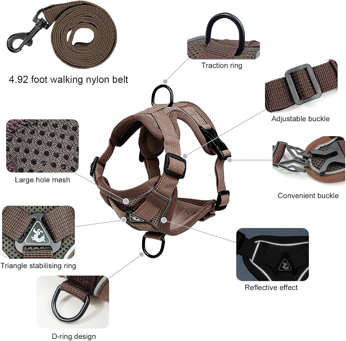 XL Cat Harness Escape Proof for Heavy Cats Adjustable for Extra Large - S / Brown - image 2